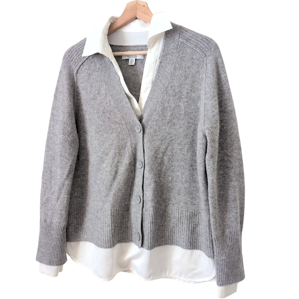 Magaschoni Cashmere Layered Look Cardigan Sweater White Gray M‎ Quiet Luxury